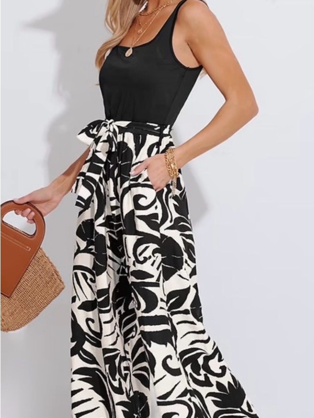 Cupshe Black Tank with Black & Cream Printed Wide-Leg Jumpsuit
